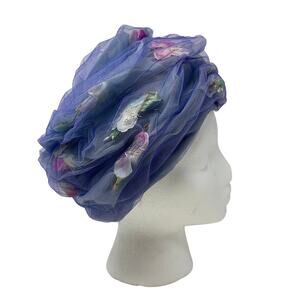 Vintage Christian Dior Chapeaux Blue Sheer Tulle Floral Turban Hat Couture